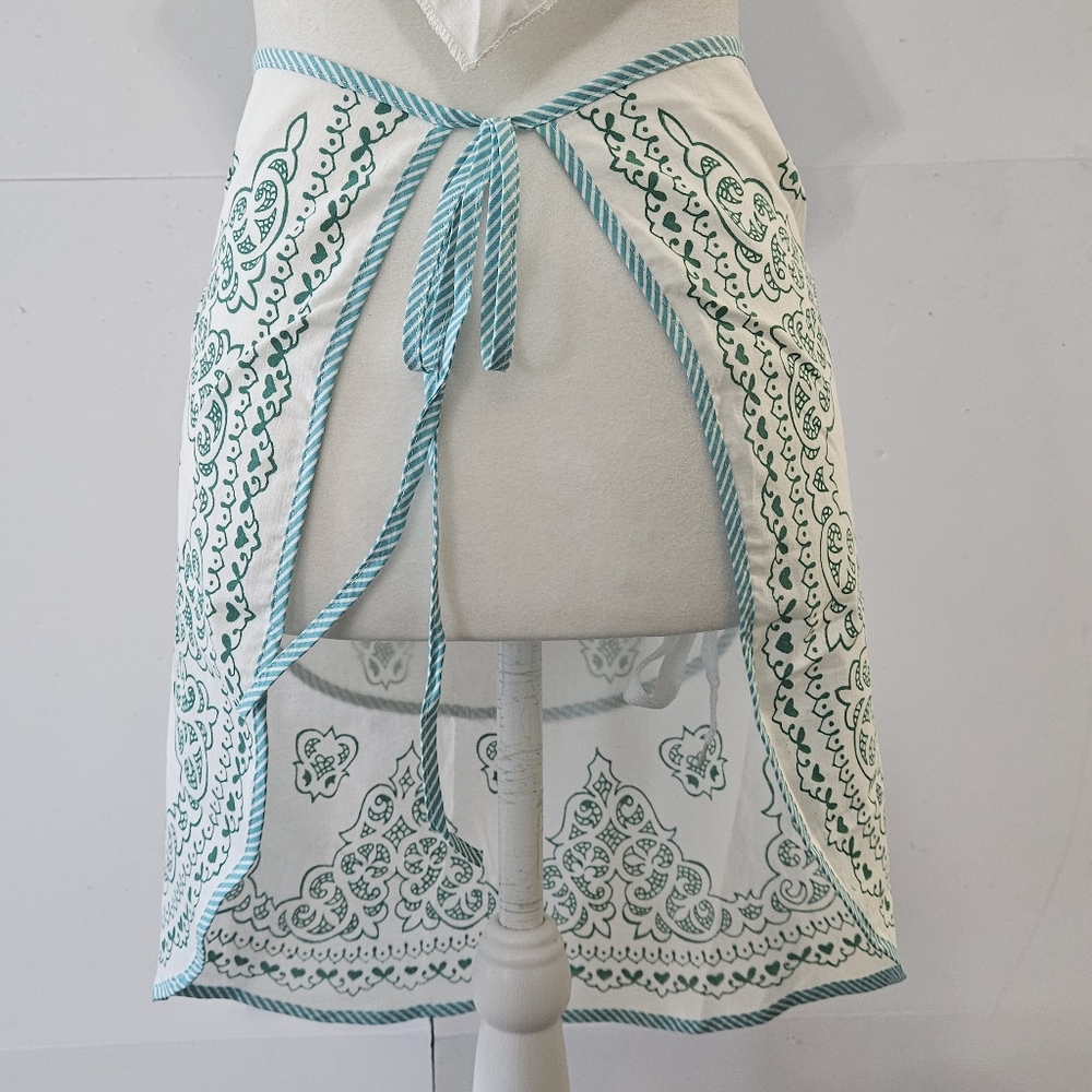 VTG Cotton Kitchen Apron & Bandana Set Blue Green Teal Swirled Design Pattern. - Picture 6 of 16